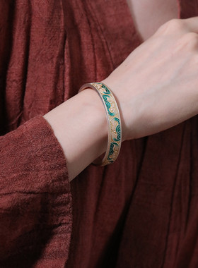 足银999描金民族风珐琅海浪开口手镯女轻奢高级感国风新中式实心