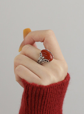 925银复古南红玛瑙花边蝴蝶蛋面戒指女国风新中式小众指环礼物
