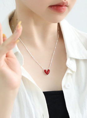 925银安可拉红色爱心吊坠项链女轻奢小众民族风锁骨链饰品小众