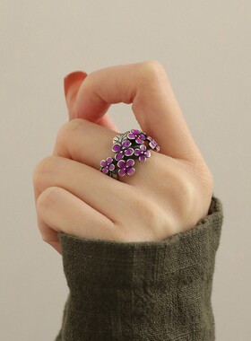 925银复古国风紫藤萝花朵戒指女小众设计新中式指环百搭民族风