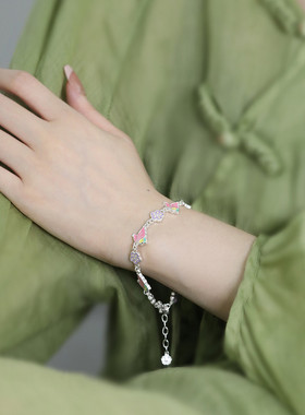 999足银蝴蝶花朵国潮风手链珐琅手环高级感25年开学生日礼物