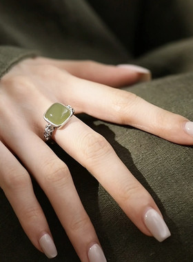 925纯银方形和田玉复古个性祥云铜钱戒指国风中式可调节指环饰品