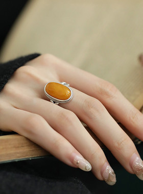 925银复古国风琥珀蜜蜡麦穗民族风戒指女小众设计指环食指高级感