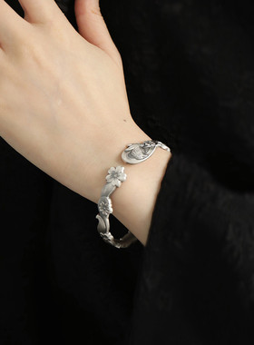 足银999狐狸花朵开口手镯女高级感实心镯子手环复古中国风饰品