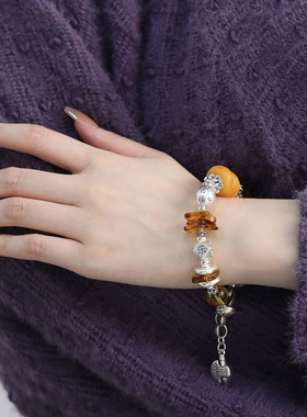 足银琥珀花朵手串民族风复古手链女新中式美拉德首饰小众设计