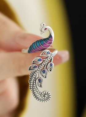 足银999砂旧珐琅凤凰戒指女国风新中式简约百搭可调节开口戒饰品