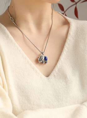 925银复古大象青金石吊坠项链女国风新中式时尚百搭复古饰品礼物