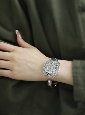 足银999牡丹花复古国风开口手镯女2025小众设计新中式实心镯子