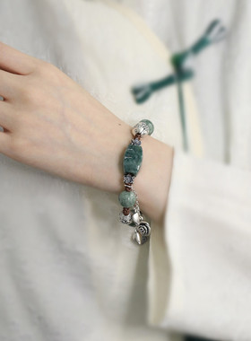 足银999翡翠A货圆珠花朵编绳手链女轻奢高级感新中式手环小众饰品