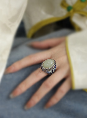 925银铜钱旦形和田玉戒指2024年新潮时尚小众文艺民族风百搭饰品