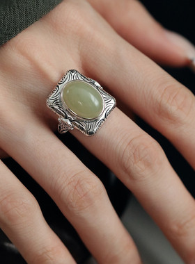 925银蛋面和田玉方形戒指女国风小众设计新中式可调节指环饰品