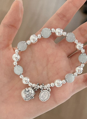 925银绿柱石圆珠吉言猫咪手链女国风新中式百搭手串饰品小众设计