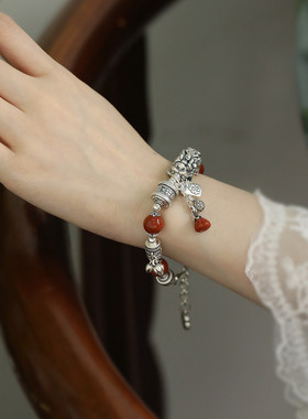 足银999南红玛瑙圆珠貔貅手链女复古轻奢国风新中式百搭手环饰品