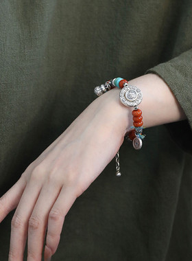 足银玛瑙福字手串复古风复古手链女新中式绿松石首饰小众设计