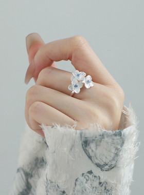 925银新中式蓝色绣球花戒指小众国风设计简约时尚轻奢高级感