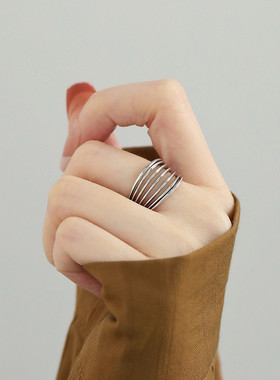 925银复古做旧多层线条开口戒指2025年轻奢高级感指环饰品