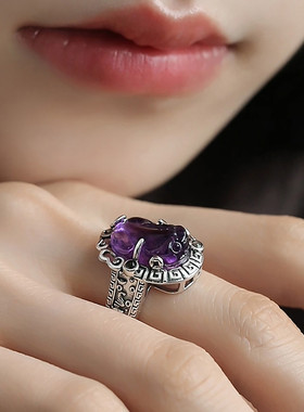 925银紫水晶回纹貔貅戒指女小众设计感复古国风新中式指环饰品