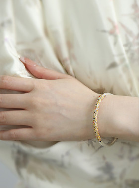 足银999如意花纹描金开口手镯女2025年百搭小众设计民族风镯子