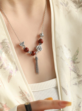 足银南红玛瑙珠珠花朵项链锁骨链女轻奢高级感复古国风新中式饰品