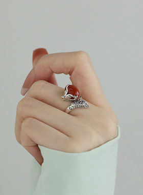 925银南红玛瑙狐狸戒指女2025年复古国风小众文艺可调节指环饰品