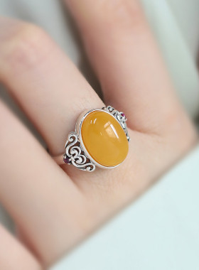 925银琥珀蜜蜡花纹戒指女民族风指环高级感装饰小众设计尾戒女