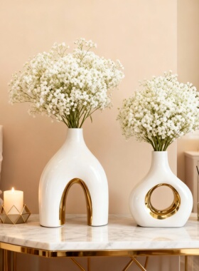 现代简约白陶瓷金边花瓶摆件