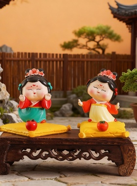 中式手工彩绘陶瓷仕女图摆件