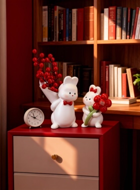 新年红可爱兔子毛绒床头柜摆件
