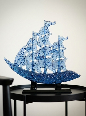 韩系蓝色帆船玻璃装饰摆件