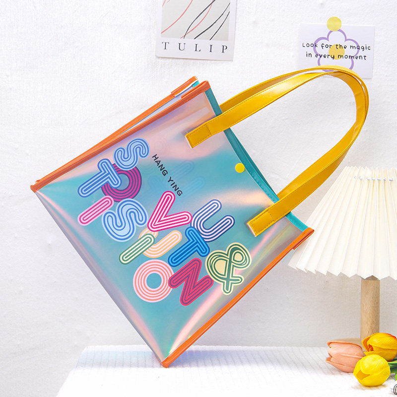 尚盈螺纹字母灰底炫彩灰底炫彩手提镭射果冻包大容量收纳化妆品包 - 图3