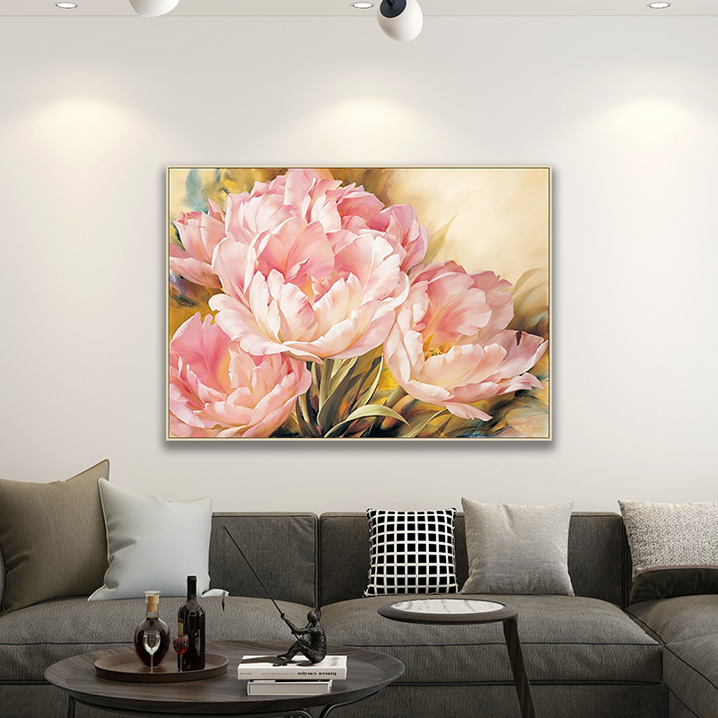纯手绘油画现代简约粉色莲花植物花卉横幅有框玄关客厅卧室装饰画 - 图2
