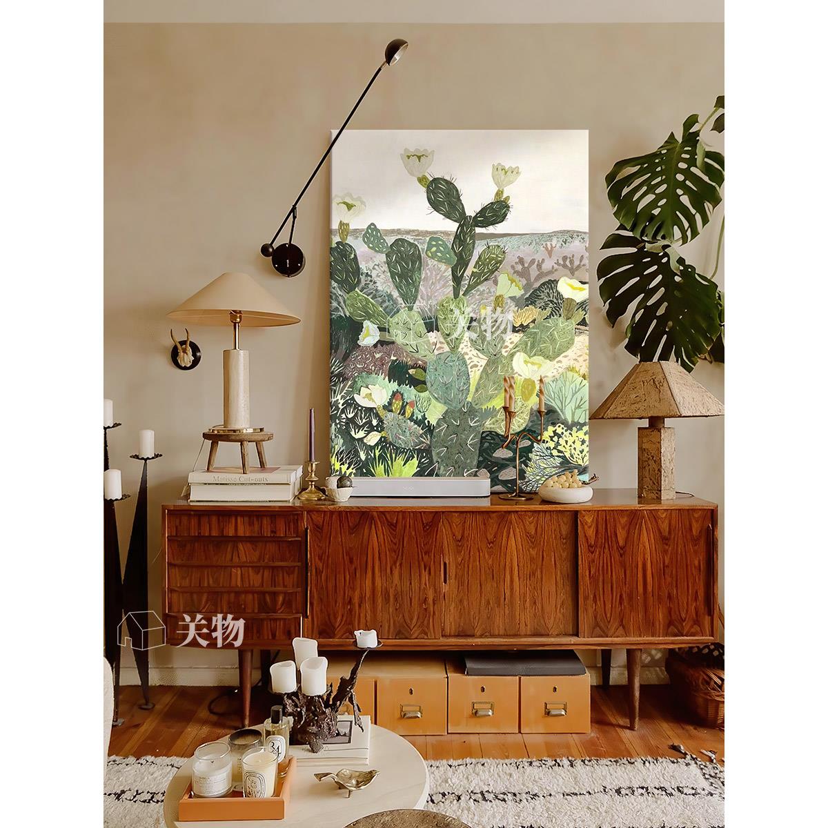 法式仙人掌手绘油画餐厅客厅挂画小清新绿色植物玄关装饰画无边框 - 图2