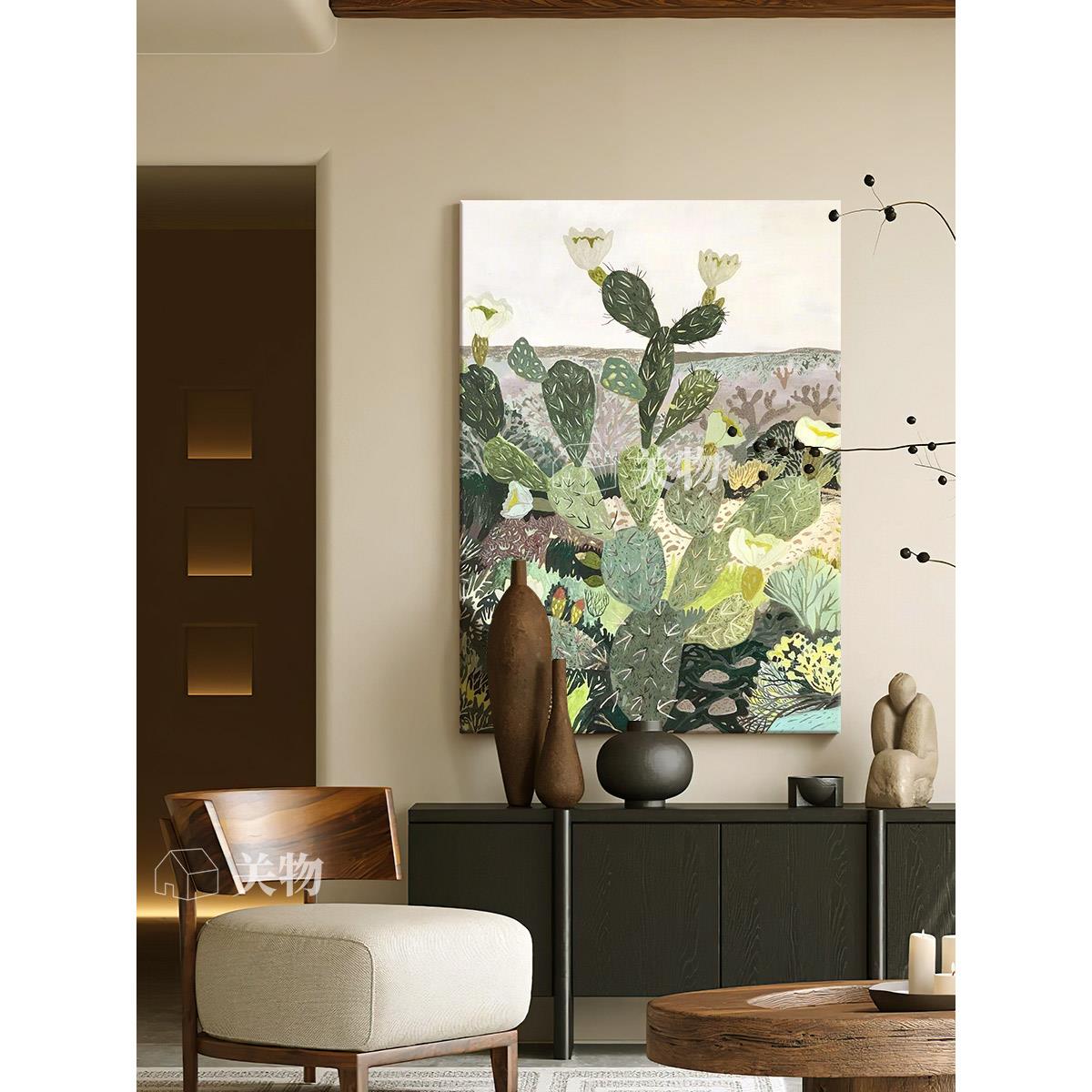 法式仙人掌手绘油画餐厅客厅挂画小清新绿色植物玄关装饰画无边框 - 图1