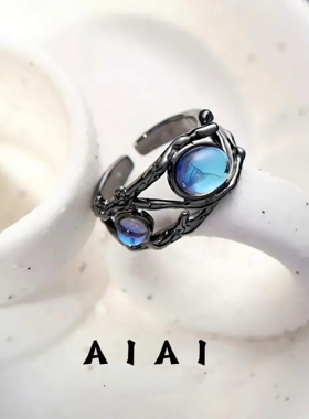 小众个性月光石黑白男女情侣戒指2025款高级开口复古轻奢指环ins