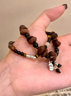 度假风天然石咖啡豆福牌情侣手链