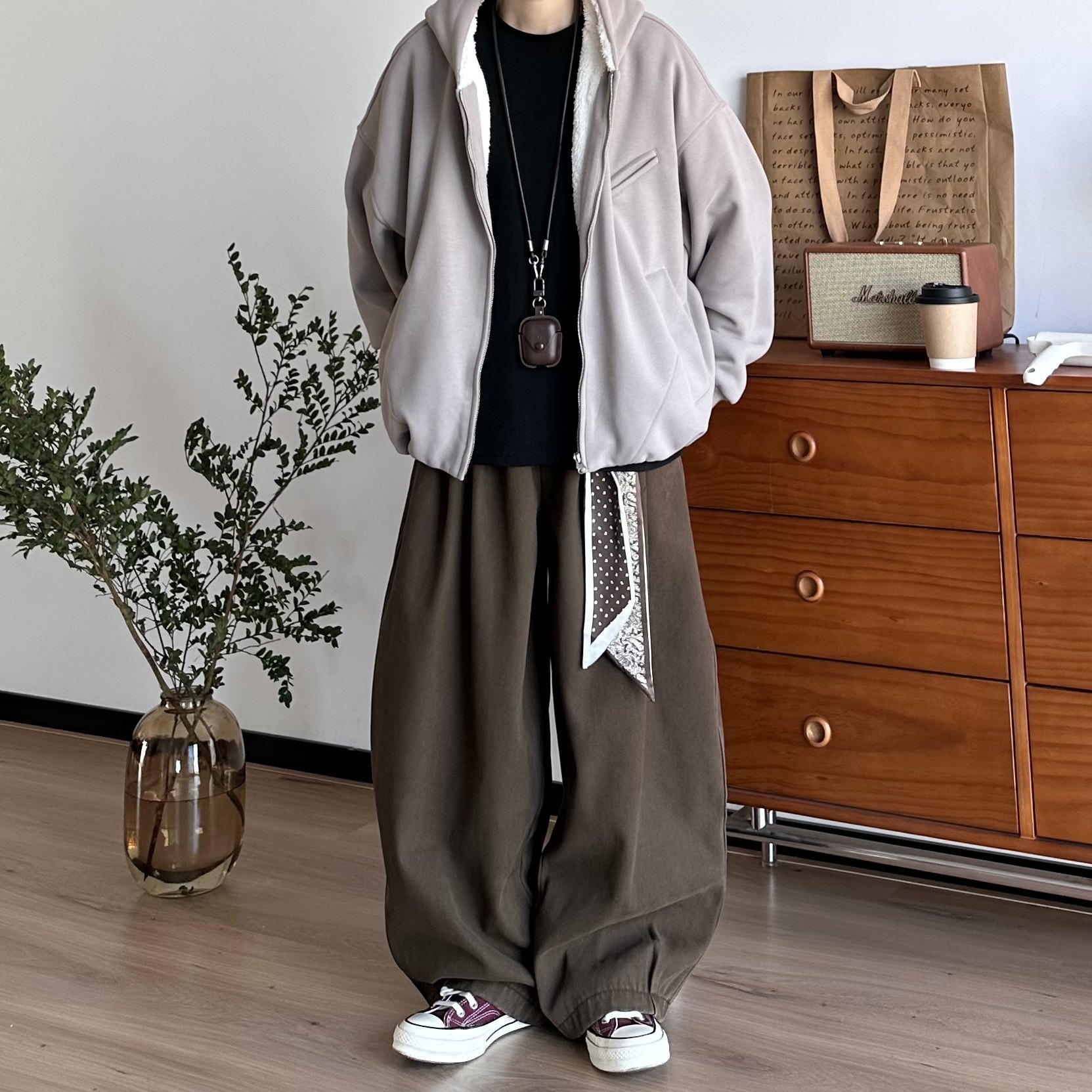 BUTQIU复古秋冬丝巾休闲裤男女加厚加绒弯刀阔腿裤垂感拖地长裤,淘宝优惠券,粉丝福利购,淘宝优惠卷