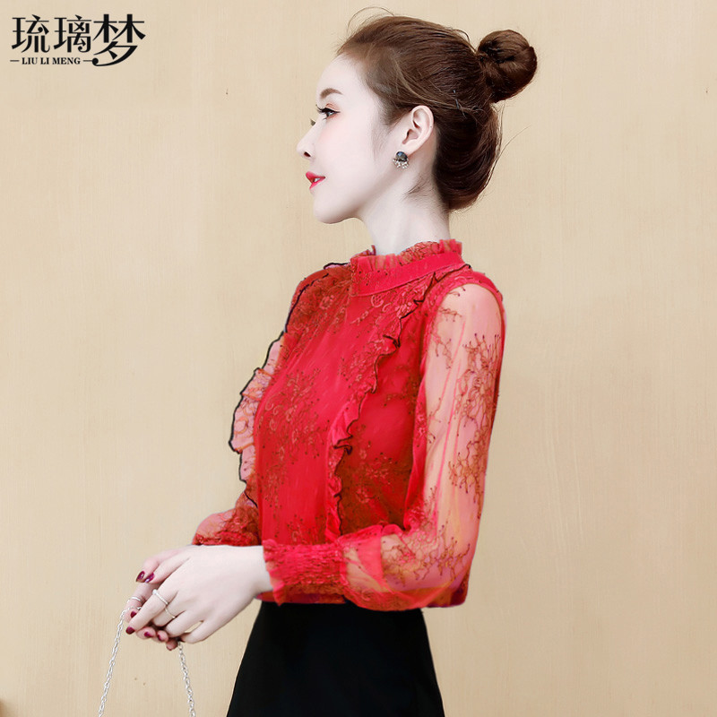 秋装雪纺蕾丝长袖洋气小衫超仙t恤 琉璃梦蕾丝衫/雪纺衫