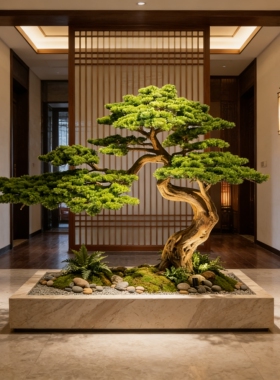 公司LOGO形象墙仿真松树枯山水造景套餐玄关落地景观松树绿植布景