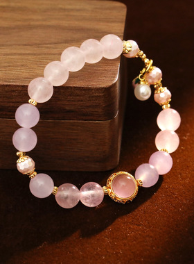 天然粉晶手链芙蓉石手串珍珠搭配古法金招桃花粉水晶网红直播爆款