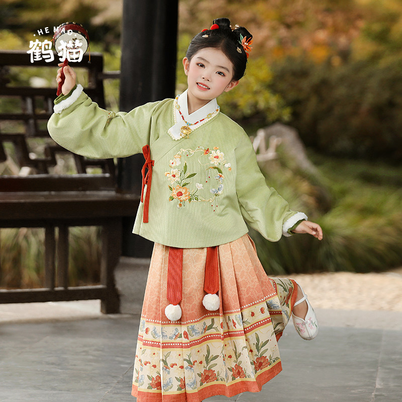 鹤猫.桑菊 汉服女童春秋季儿童古风新款明制马面裙套装,淘宝优惠券,粉丝福利购,淘宝优惠卷