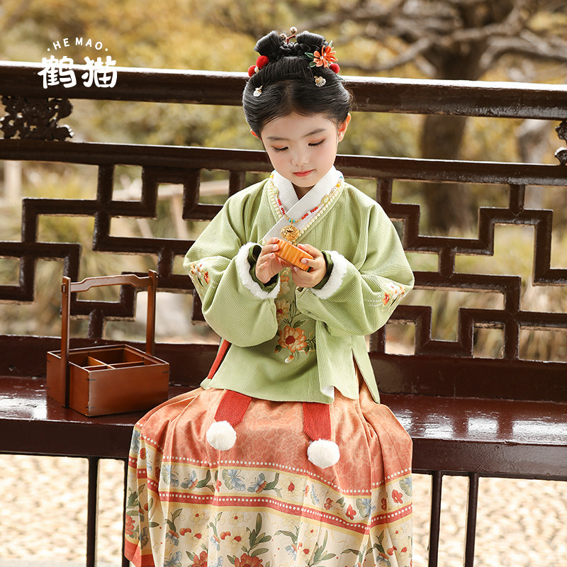 鹤猫.桑菊 汉服女童春秋季儿童古风新款明制马面裙套装,淘宝优惠券,粉丝福利购,淘宝优惠卷