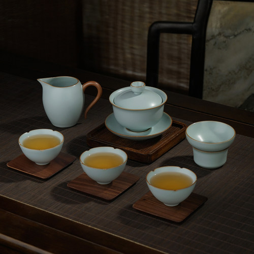 汝窑盖碗茶杯套装礼盒装景德镇汝瓷功夫茶具冰裂开片可养复古青瓷 - 图1