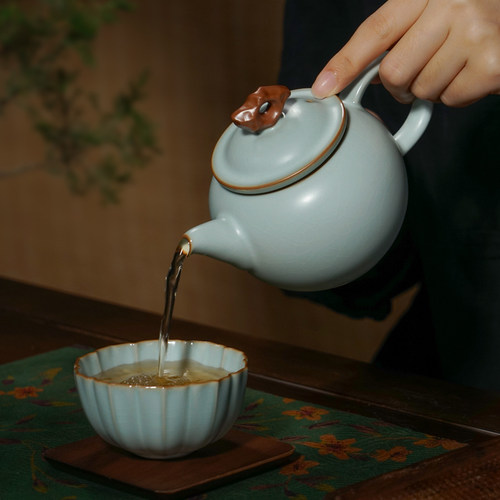 手工汝窑茶壶单壶家用景德镇仿古陶瓷礼品汝瓷茶具瓷器开片冰裂釉 - 图1