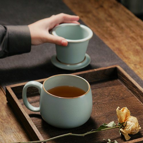 汝窑陶瓷杯带盖大容量复古杯子景德镇办公杯泡茶水杯过滤茶杯青瓷 - 图2