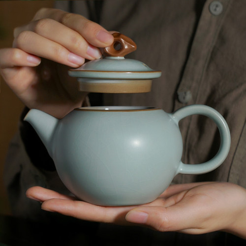 手工汝窑茶壶单壶家用景德镇仿古陶瓷礼品汝瓷茶具瓷器开片冰裂釉 - 图0