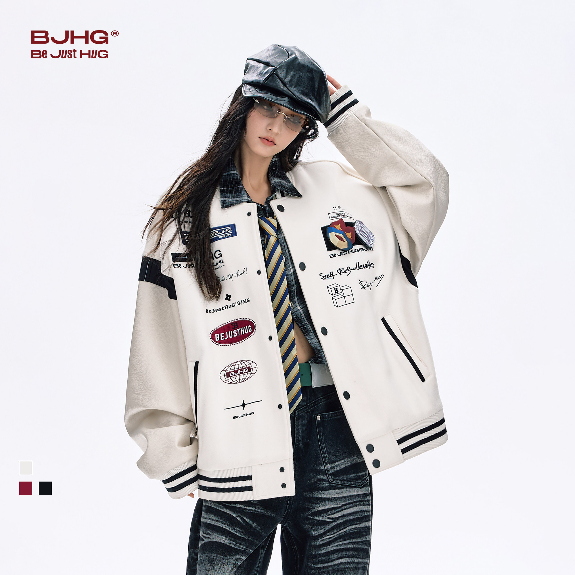 BJHG不计后果红色棒球夹克男款秋冬美式棒球服女撞色贴贴情侣外套,淘宝优惠券,粉丝福利购,淘宝优惠卷