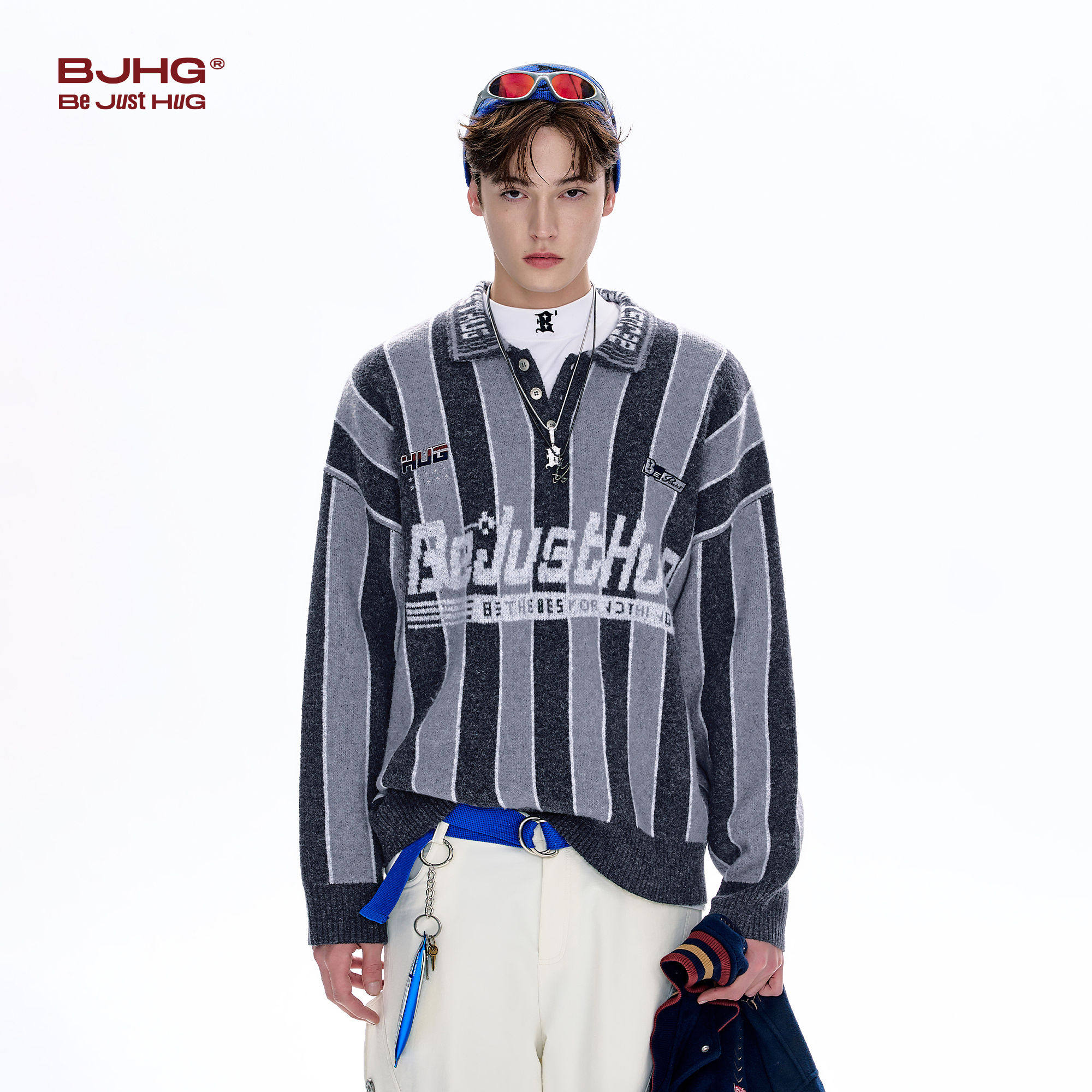 BJHG不计后果赛车风翻领毛衣男款冬季羊毛衫重磅条纹POLO领针织衫,淘宝优惠券,粉丝福利购,淘宝优惠卷