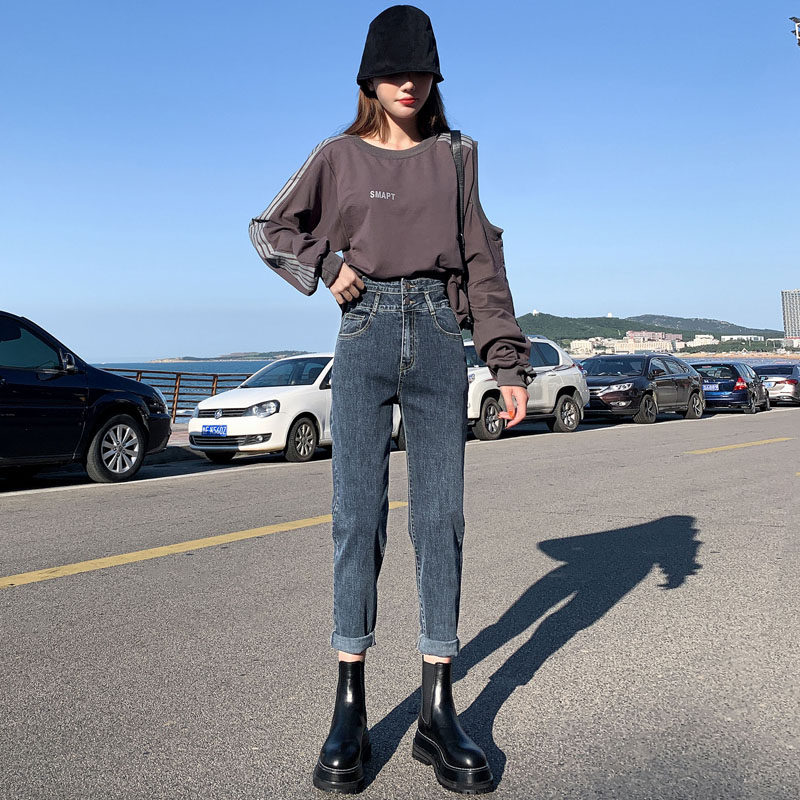 大码高腰哈伦夏胖mm宽松显瘦牛仔裤 秘予牛仔裤