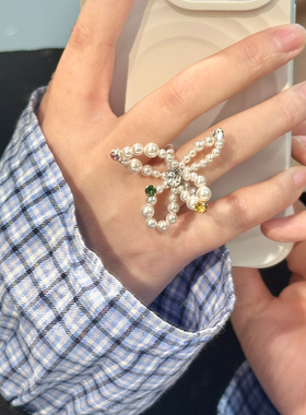 施家珍珠戒指施家水晶弹力戒圈原创小众设计食指戒手工编织定制女