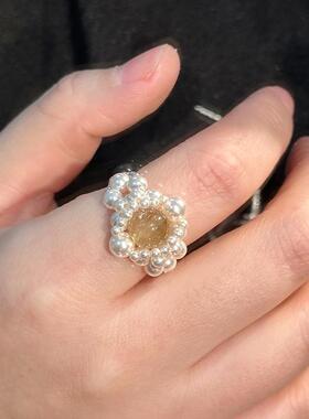 女生金发晶珍珠串珠戒指